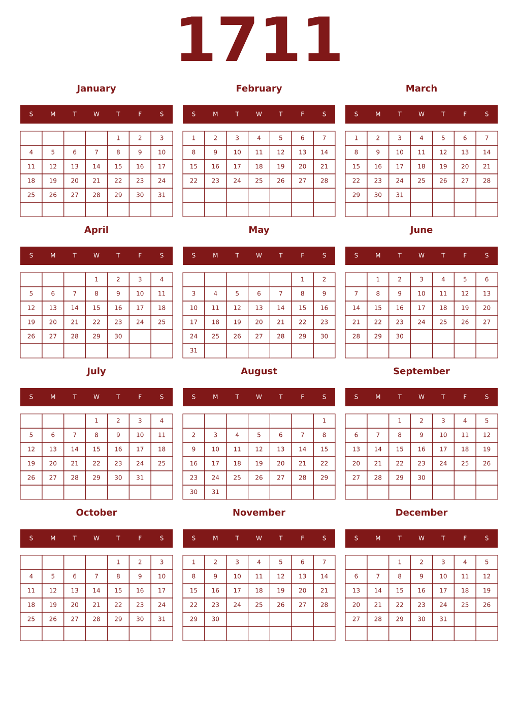 Printable 1711 Year Calendars falu
