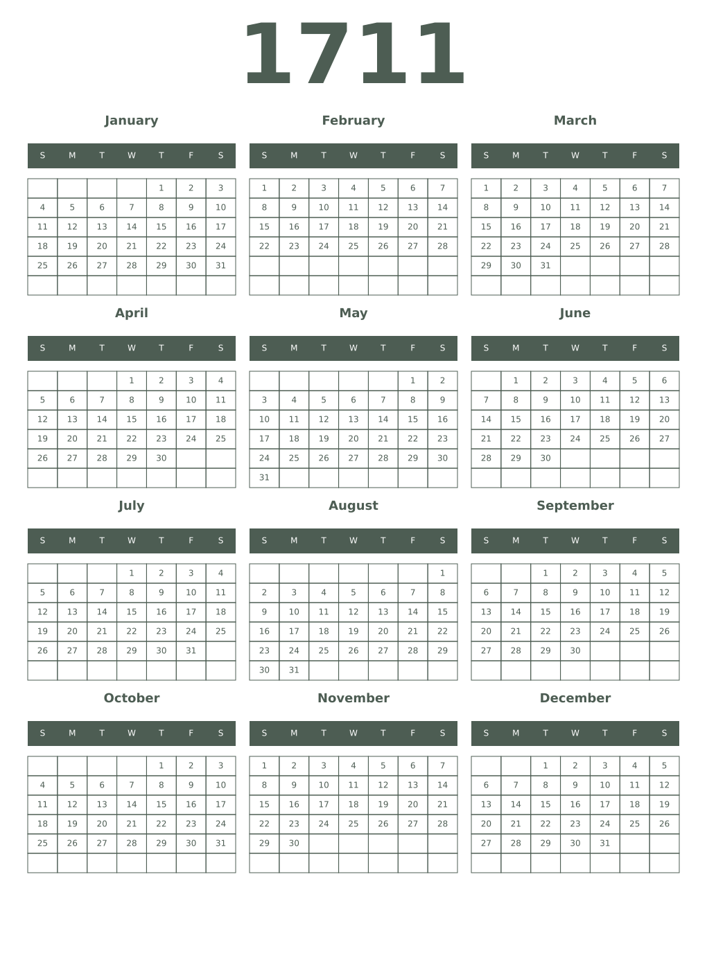 Printable 1711 Year Calendars feldgrau