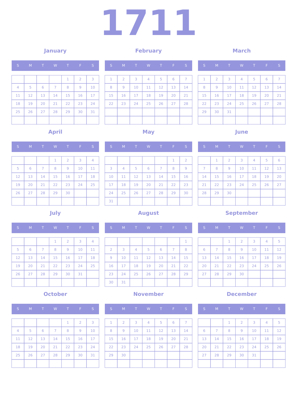 Printable 1711 Year Calendars periwinkle