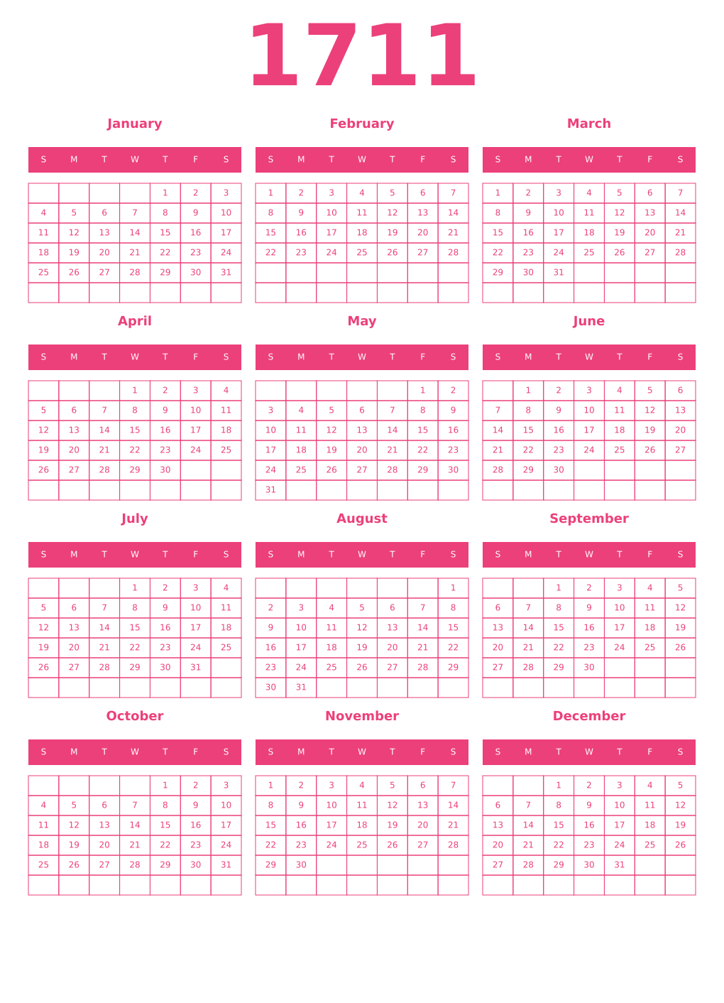 Printable 1711 Year Calendars pink