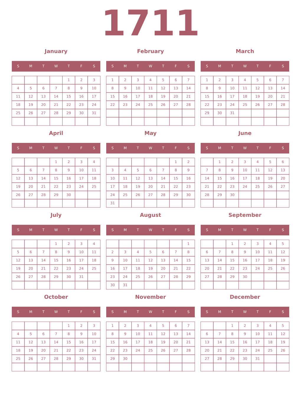 Printable 1711 Year Calendars puce