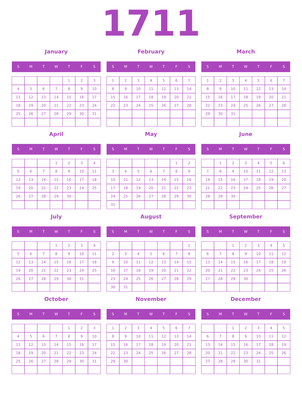 Printable 1711 Year Calendars purple