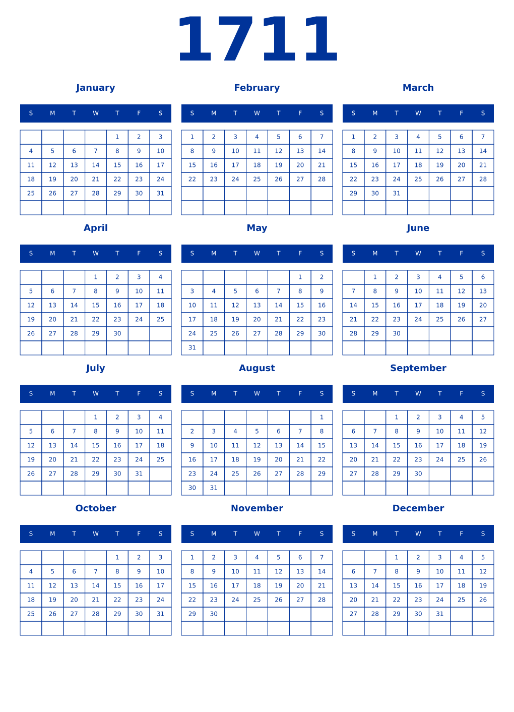 Printable 1711 Year Calendars smalt