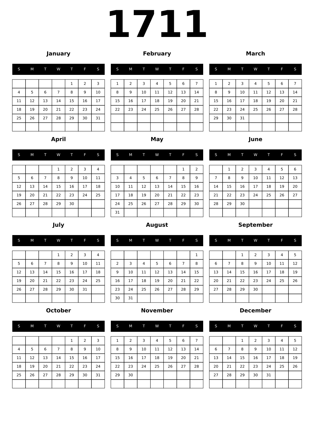 Printable 1711 Calendars