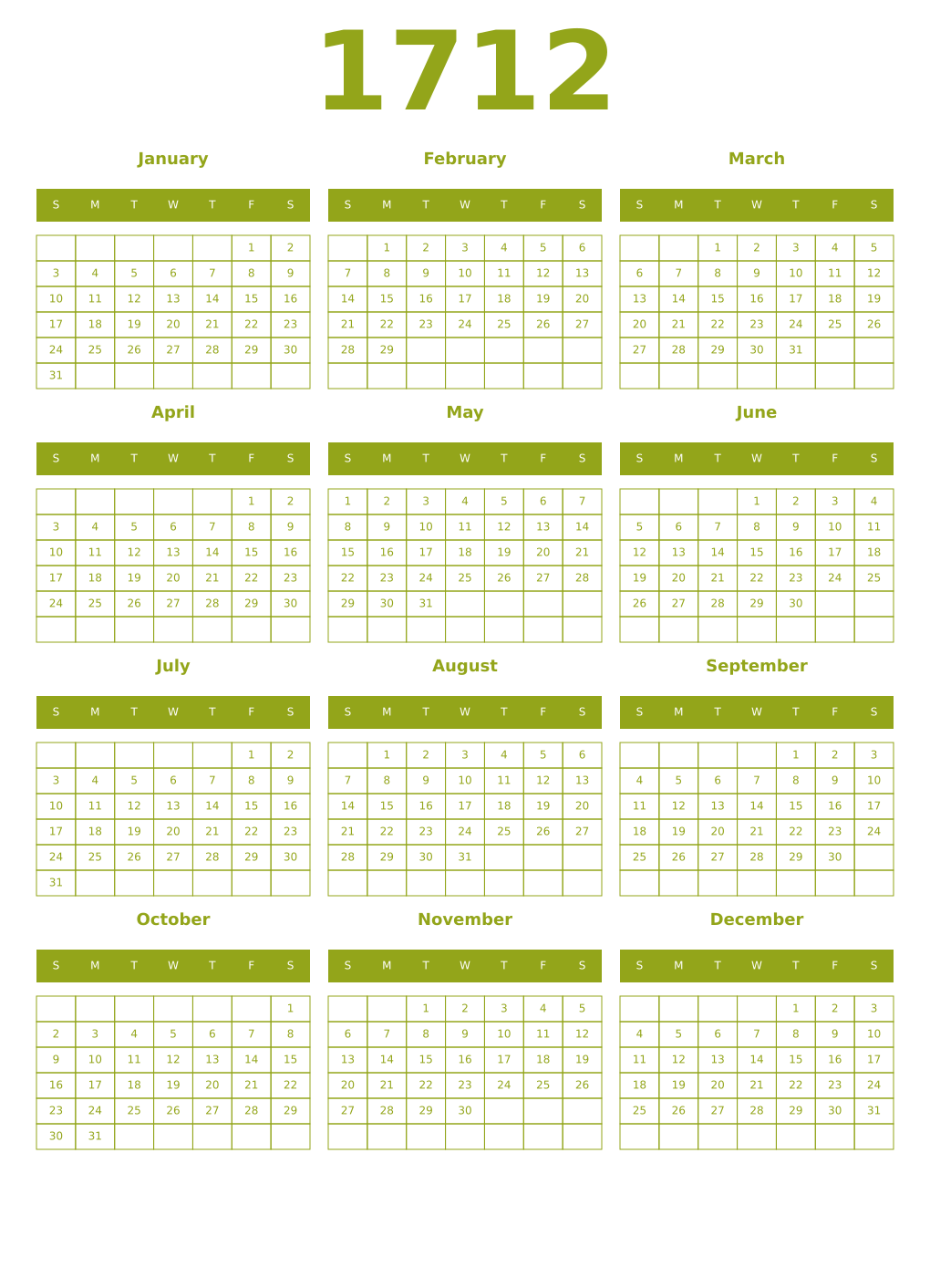 Printable 1712 Year Calendars chartreuse