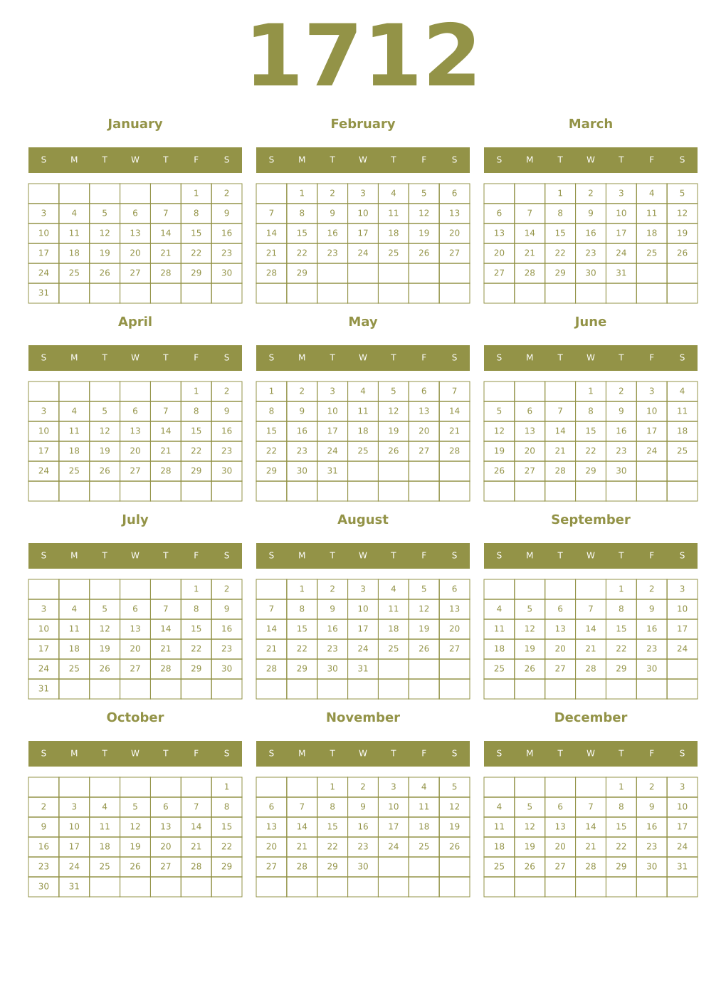 Printable 1712 Year Calendars eburnean