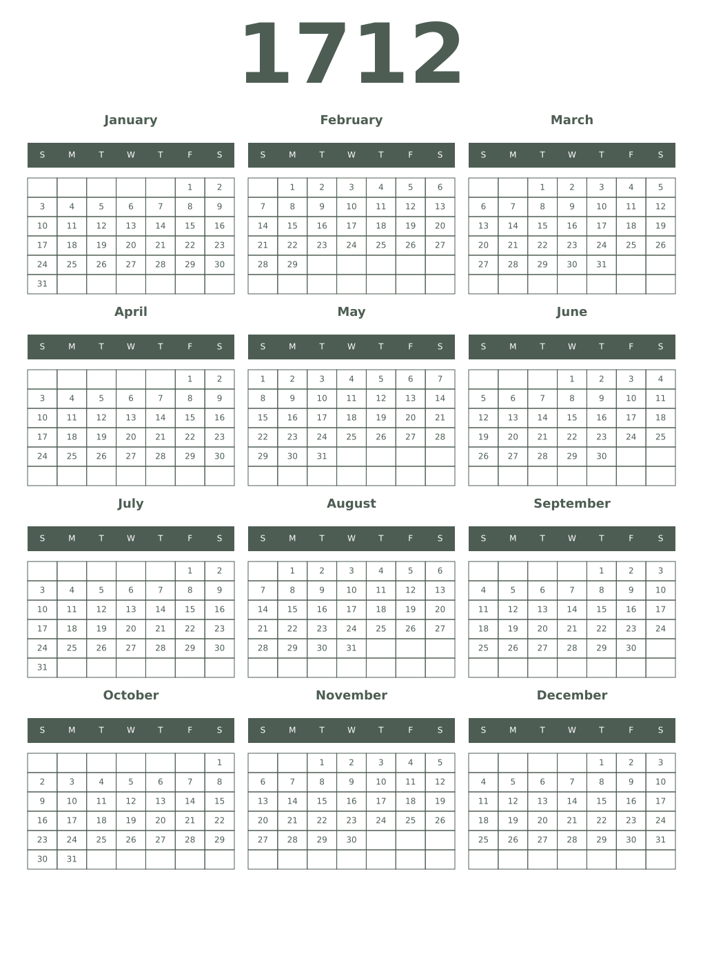 Printable 1712 Year Calendars feldgrau