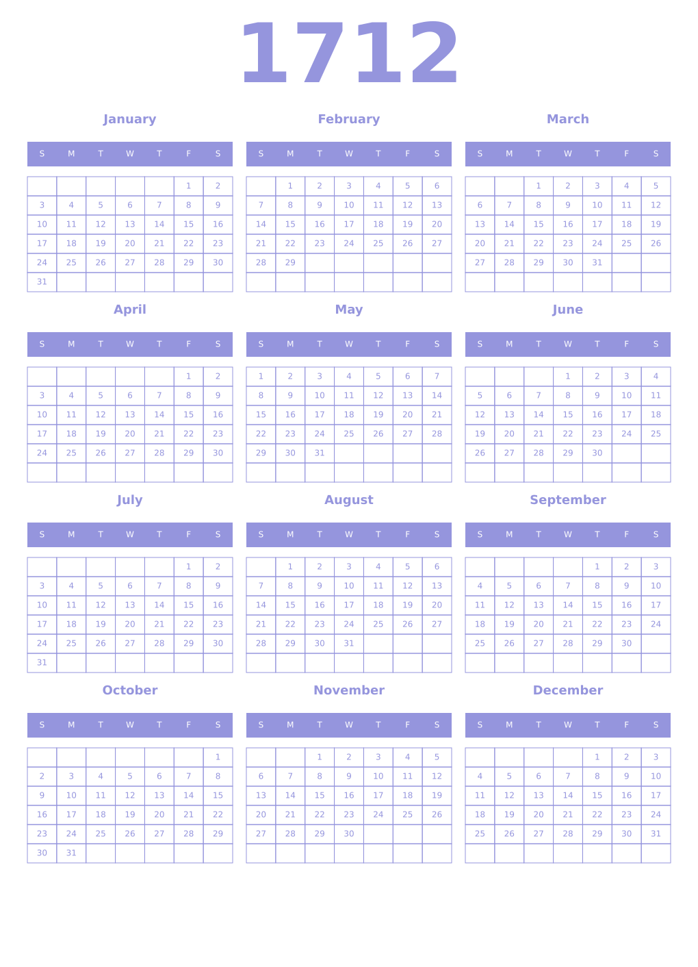 Printable 1712 Year Calendars periwinkle