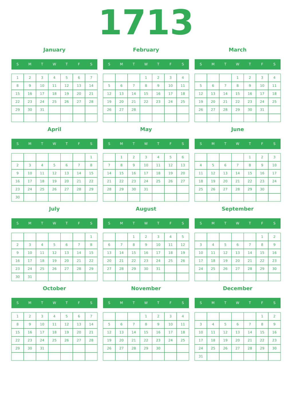 Printable 1713 Year Calendars green