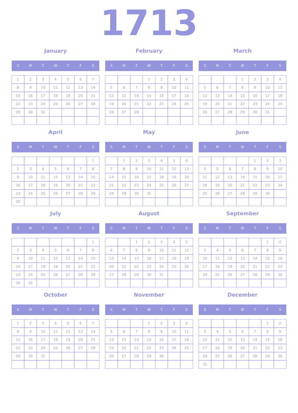 Printable 1713 Year Calendars periwinkle