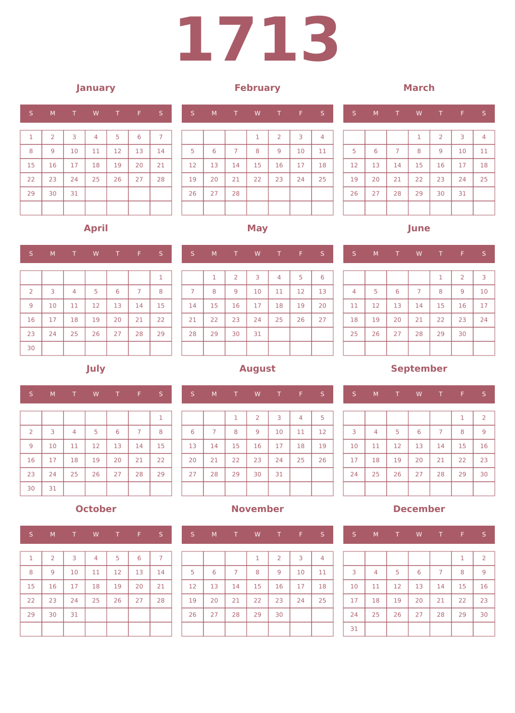 Printable 1713 Year Calendars puce