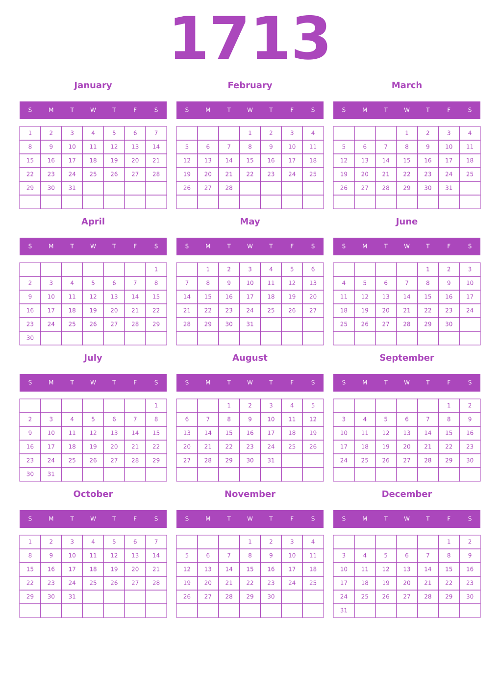 Printable 1713 Year Calendars purple