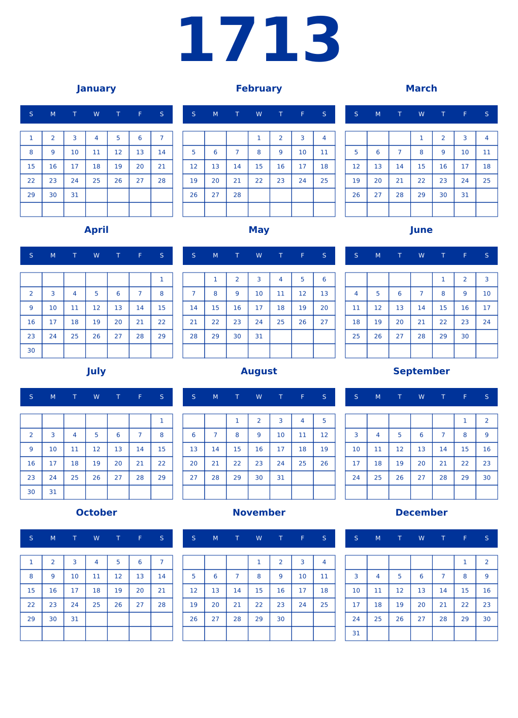 Printable 1713 Year Calendars smalt