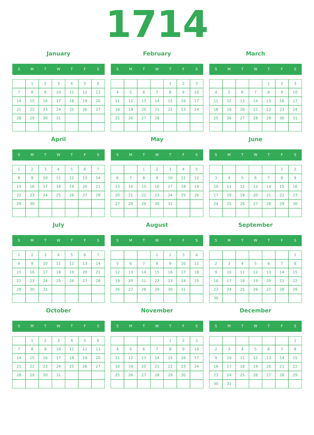 Printable 1714 Year Calendars green