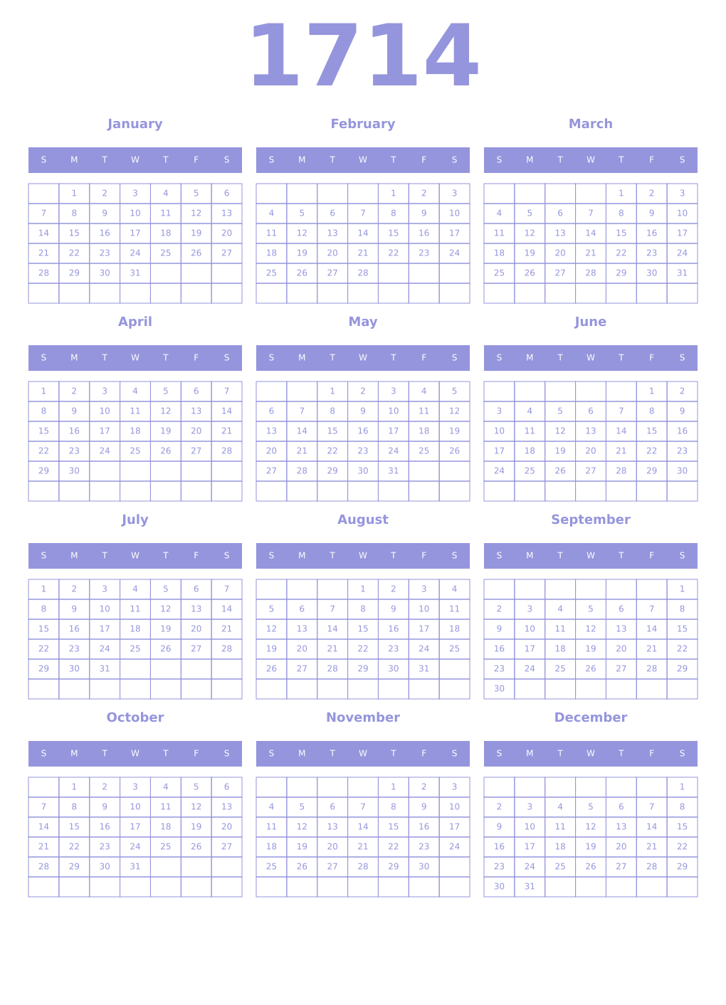 Printable 1714 Year Calendars periwinkle