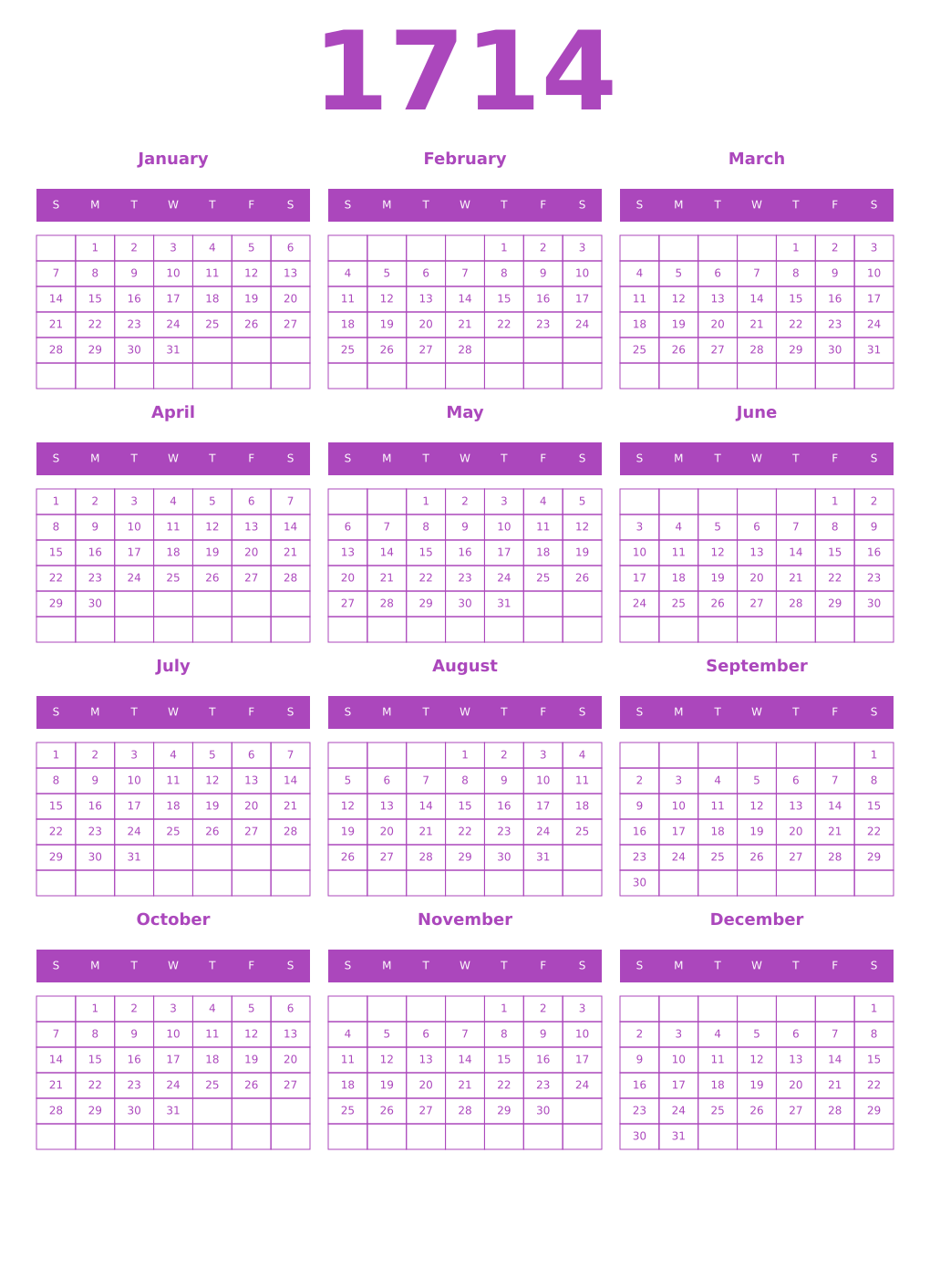 Printable 1714 Year Calendars purple