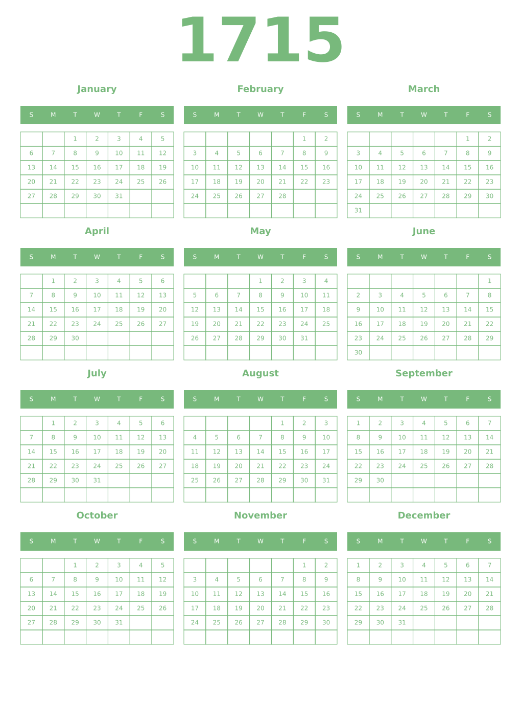 Printable 1715 Year Calendars celadon