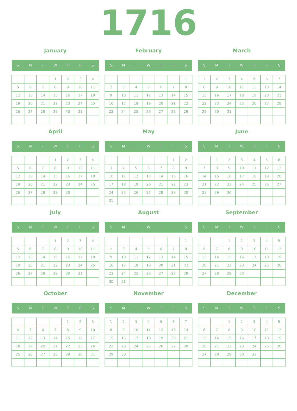 Printable 1716 Year Calendars celadon