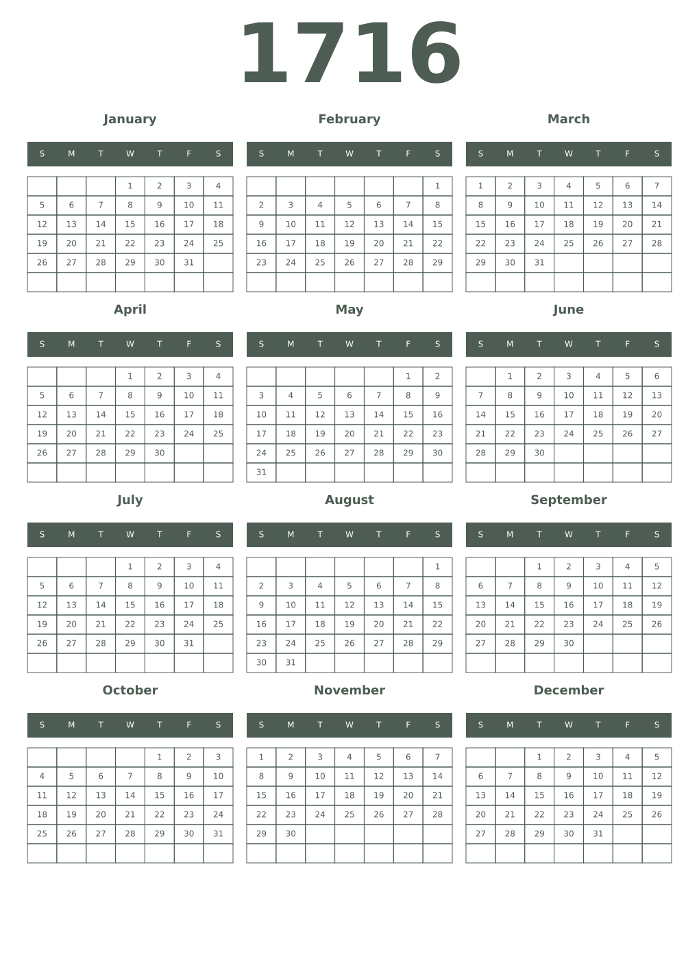 Printable 1716 Year Calendars feldgrau