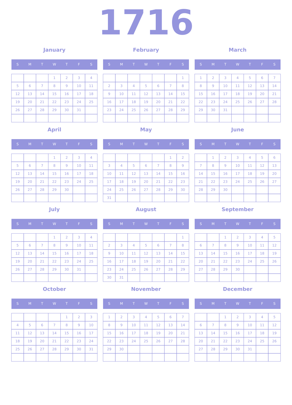 Printable 1716 Year Calendars periwinkle