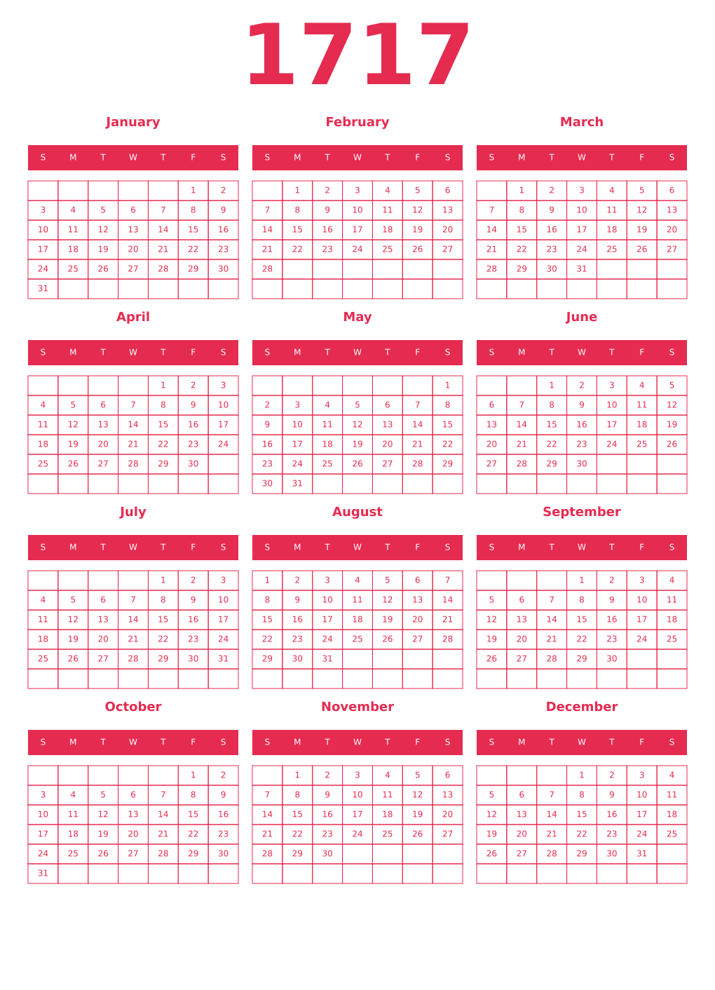 Printable 1717 Year Calendars amaranth