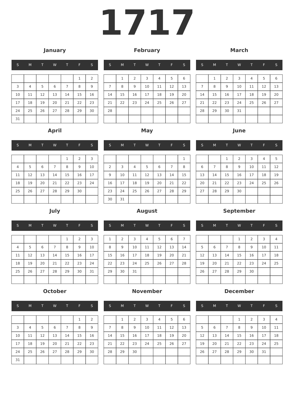 Printable 1717 Year Calendars dark