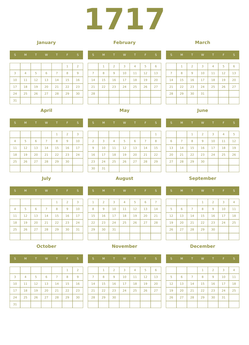 Printable 1717 Year Calendars eburnean