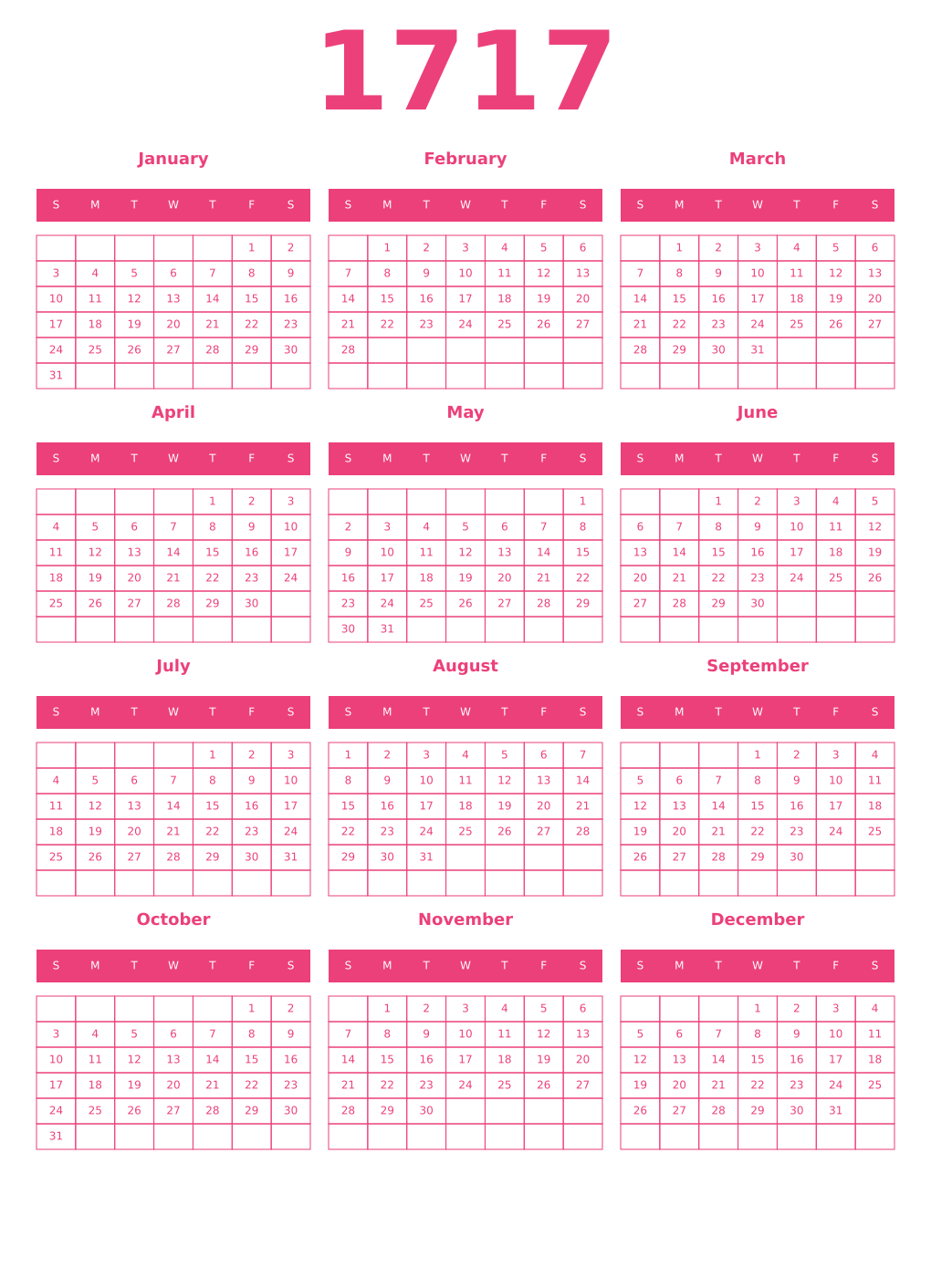 Printable 1717 Year Calendars pink