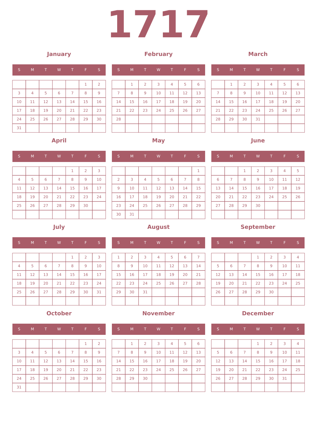 Printable 1717 Year Calendars puce