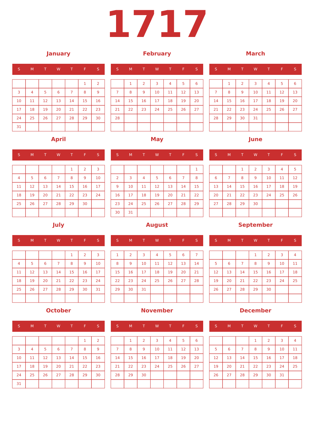 Printable 1717 Year Calendars red