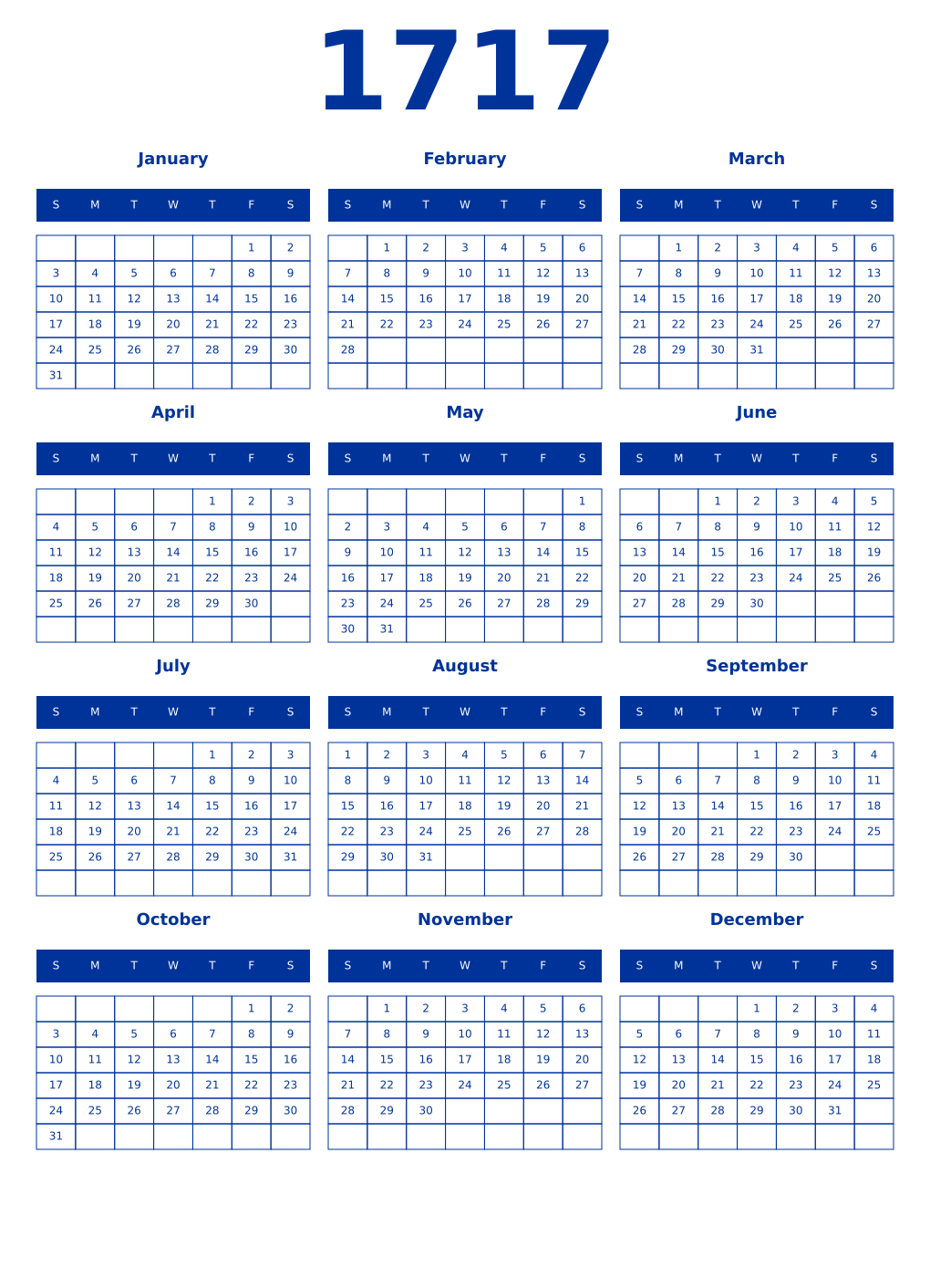 Printable 1717 Year Calendars smalt