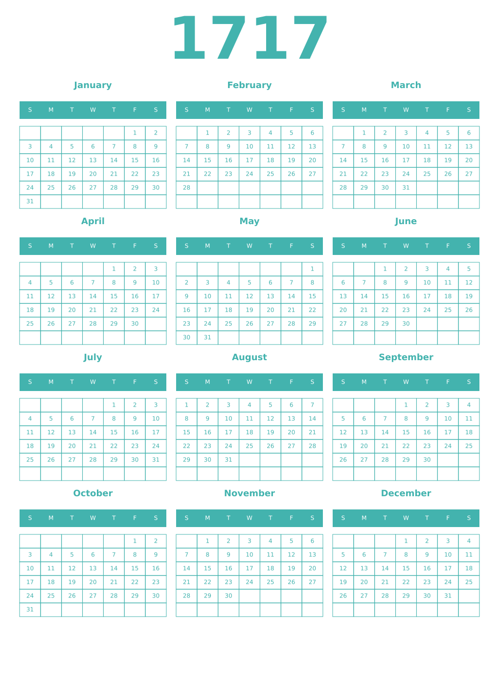Printable 1717 Year Calendars verdigris