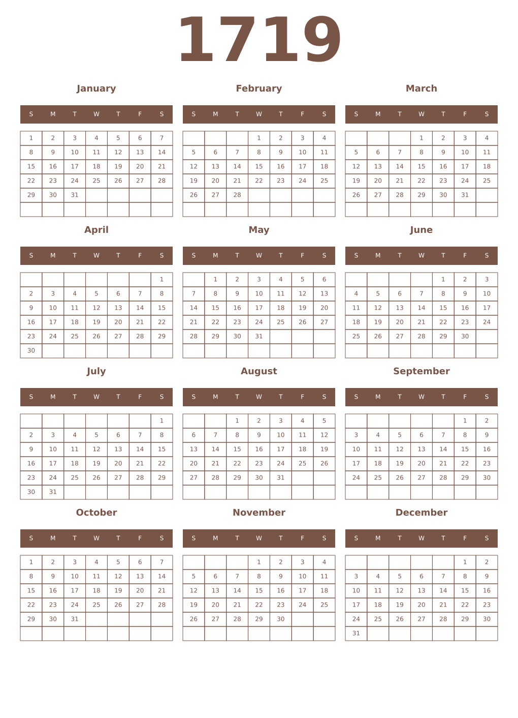Printable 1719 Year Calendars coffe