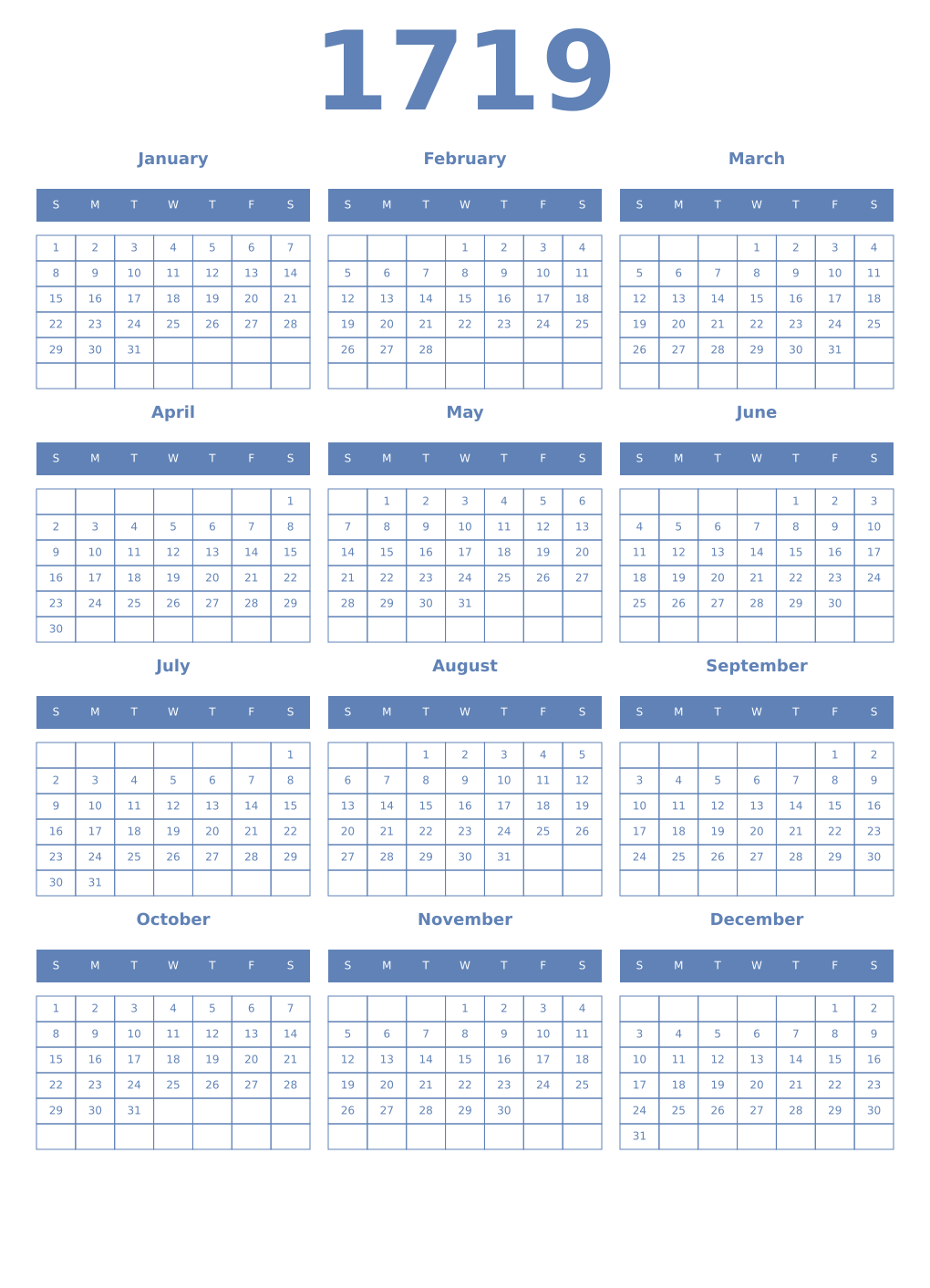 Printable 1719 Year Calendars glaucous