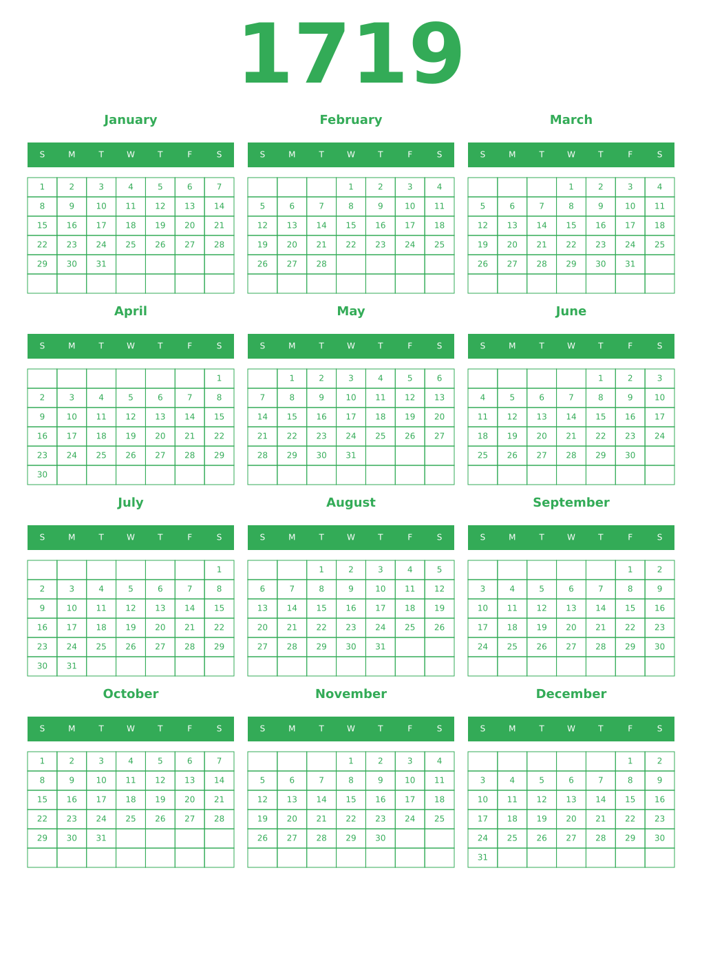 Printable 1719 Year Calendars green