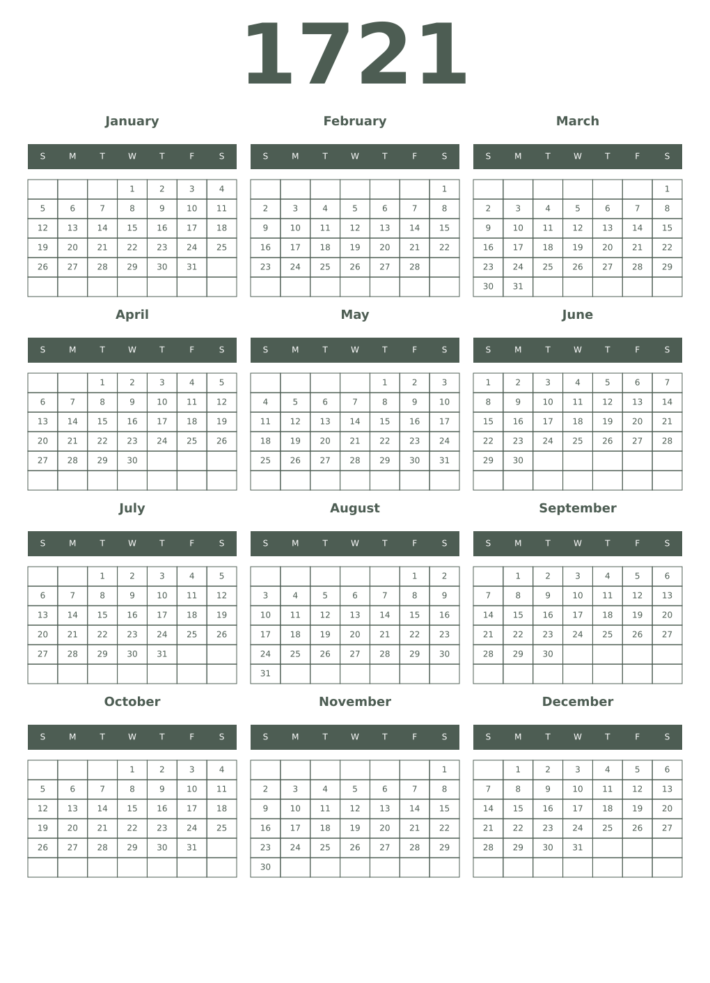 Printable 1721 Year Calendars feldgrau
