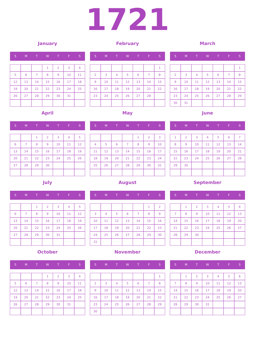 Printable 1721 Year Calendars purple