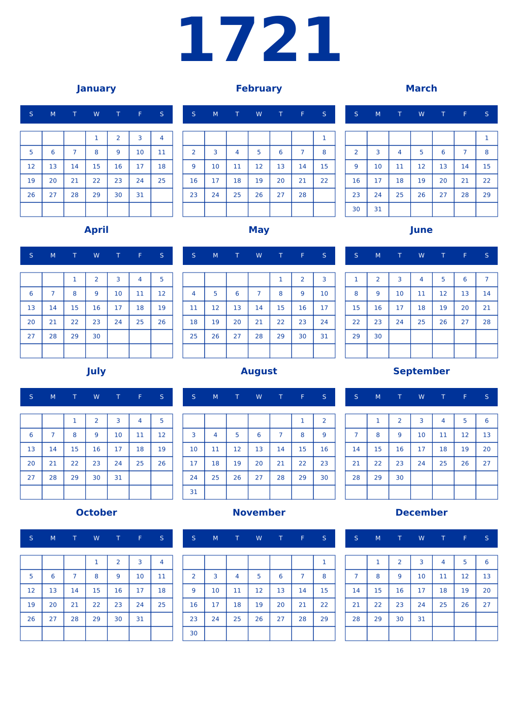 Printable 1721 Year Calendars smalt