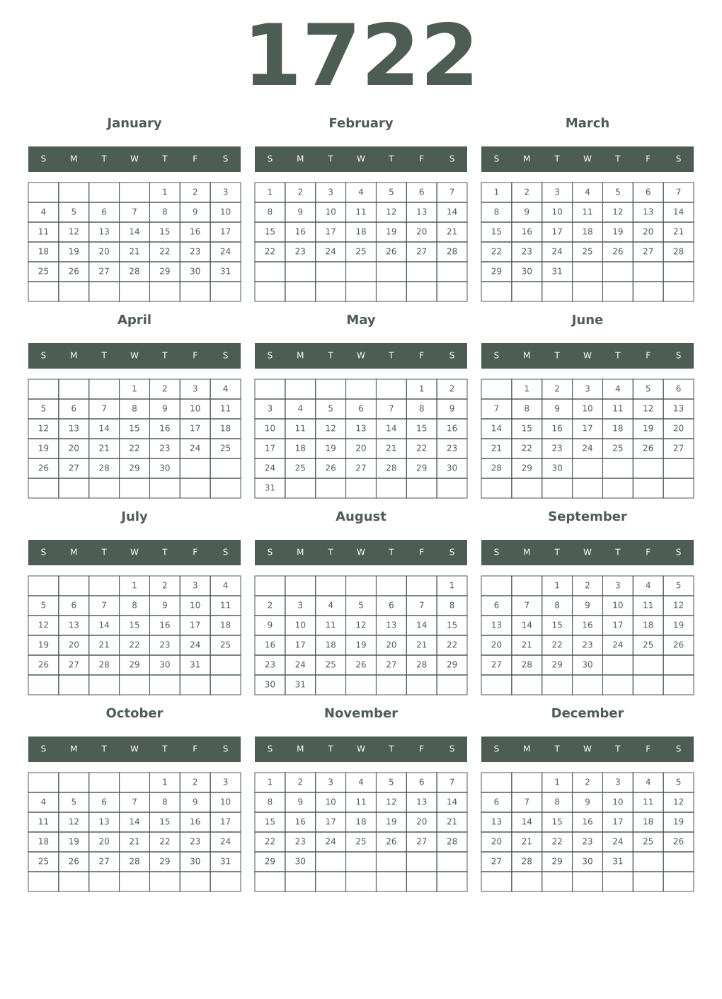 Printable 1722 Year Calendars feldgrau