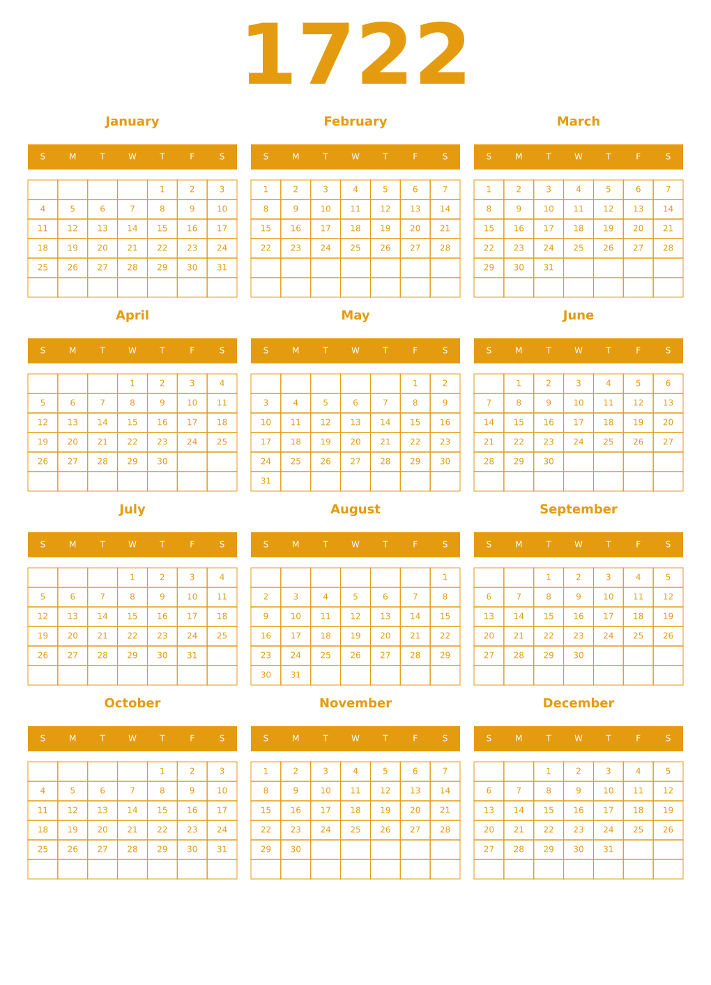 Printable 1722 Year Calendars gamboge