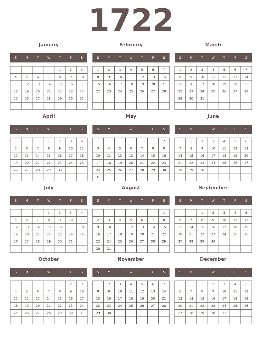 Printable 1722 Year Calendars wenge