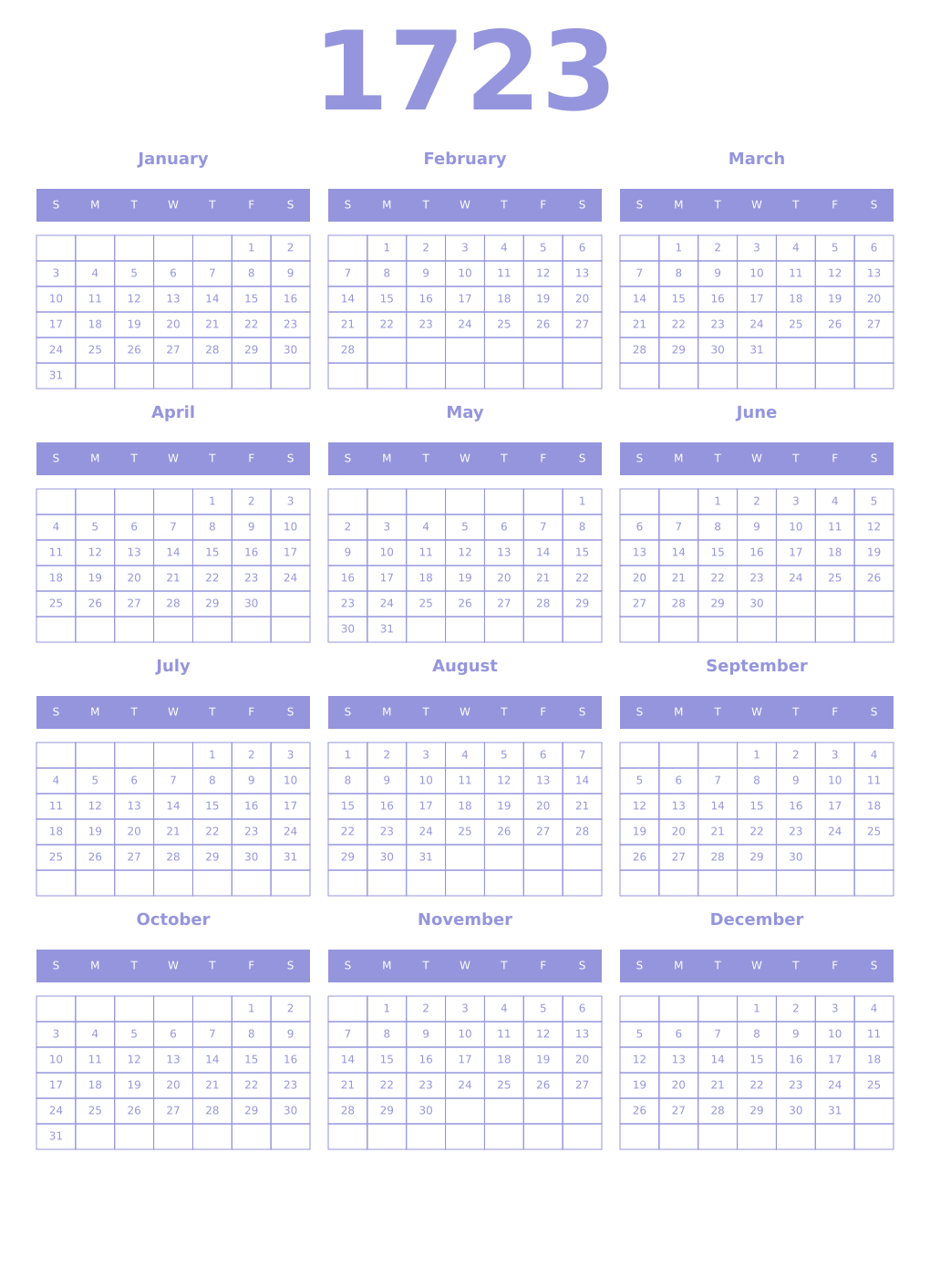 Printable 1723 Year Calendars periwinkle