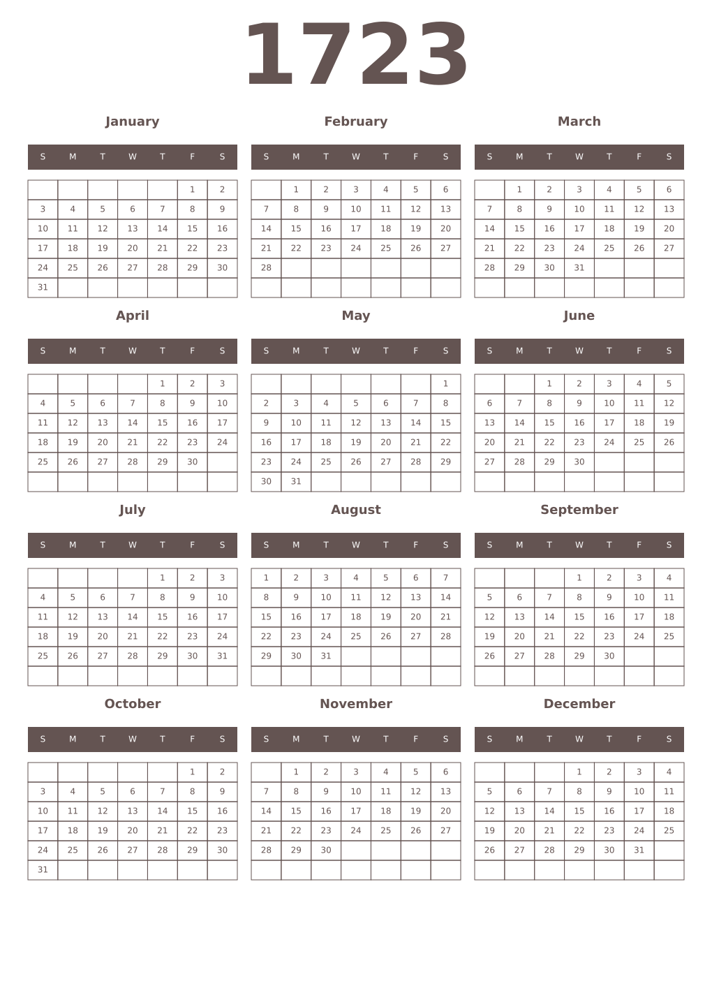 Printable 1723 Year Calendars wenge