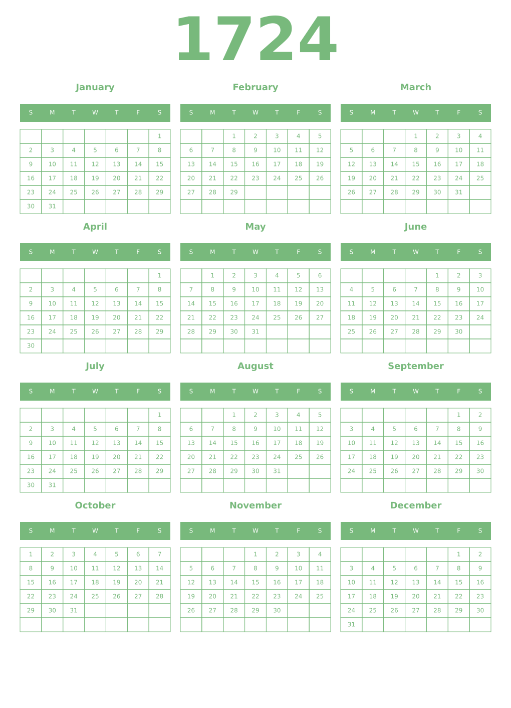 Printable 1724 Year Calendars celadon