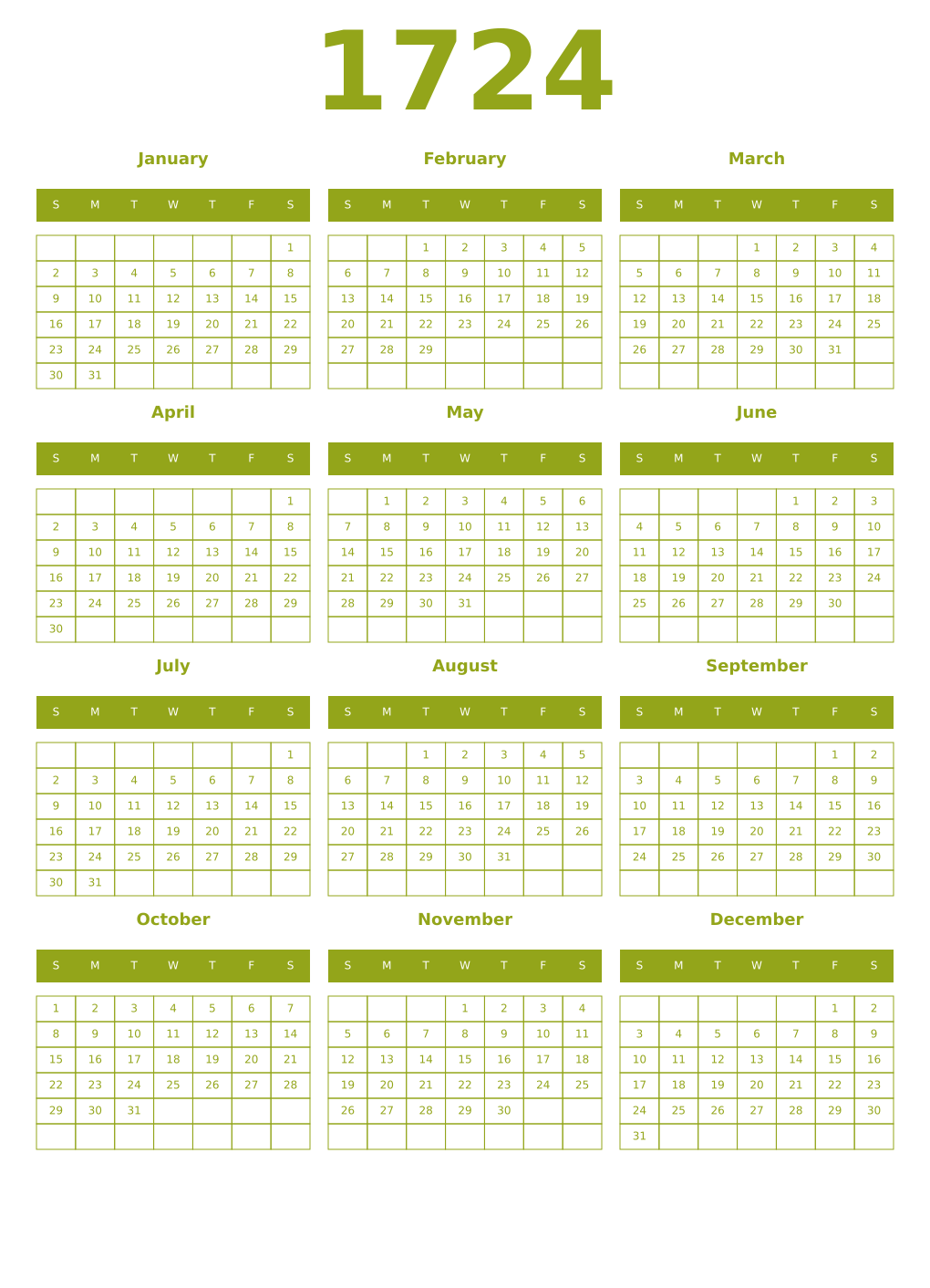 Printable 1724 Year Calendars chartreuse