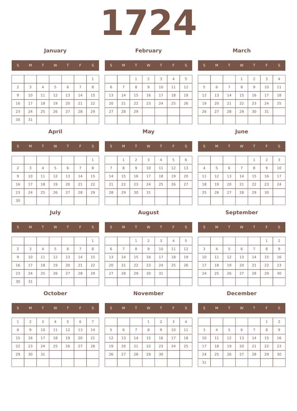 Printable 1724 Year Calendars coffe