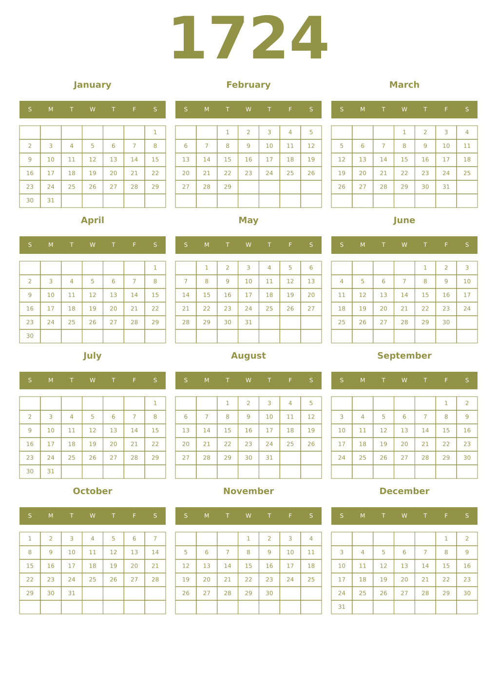 Printable 1724 Year Calendars eburnean