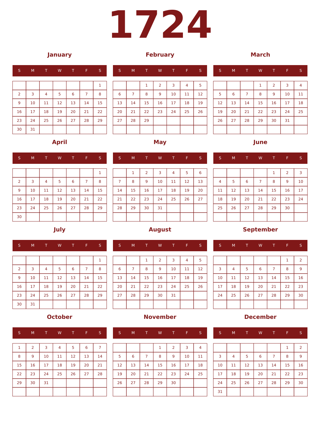 Printable 1724 Year Calendars falu