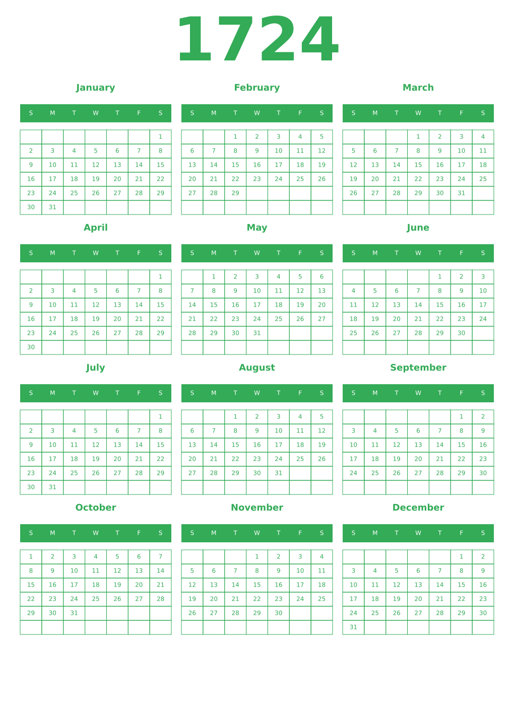 Printable 1724 Year Calendars green