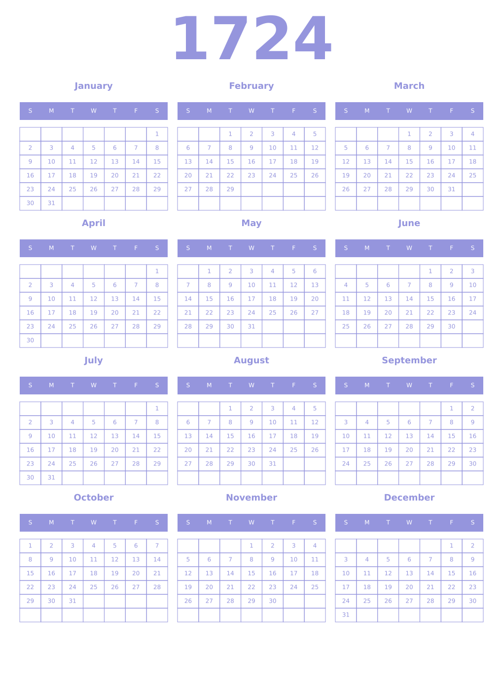Printable 1724 Year Calendars periwinkle